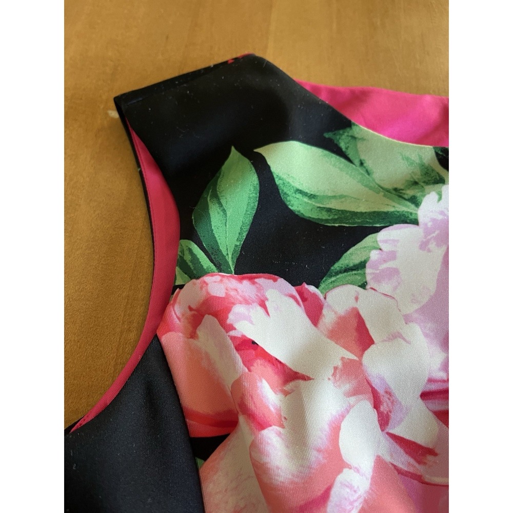 Vince Camuto Womens 8 Floral Scuba Fit Flare Dress Black Pink Sleeveless Party - Picture 4 of 9